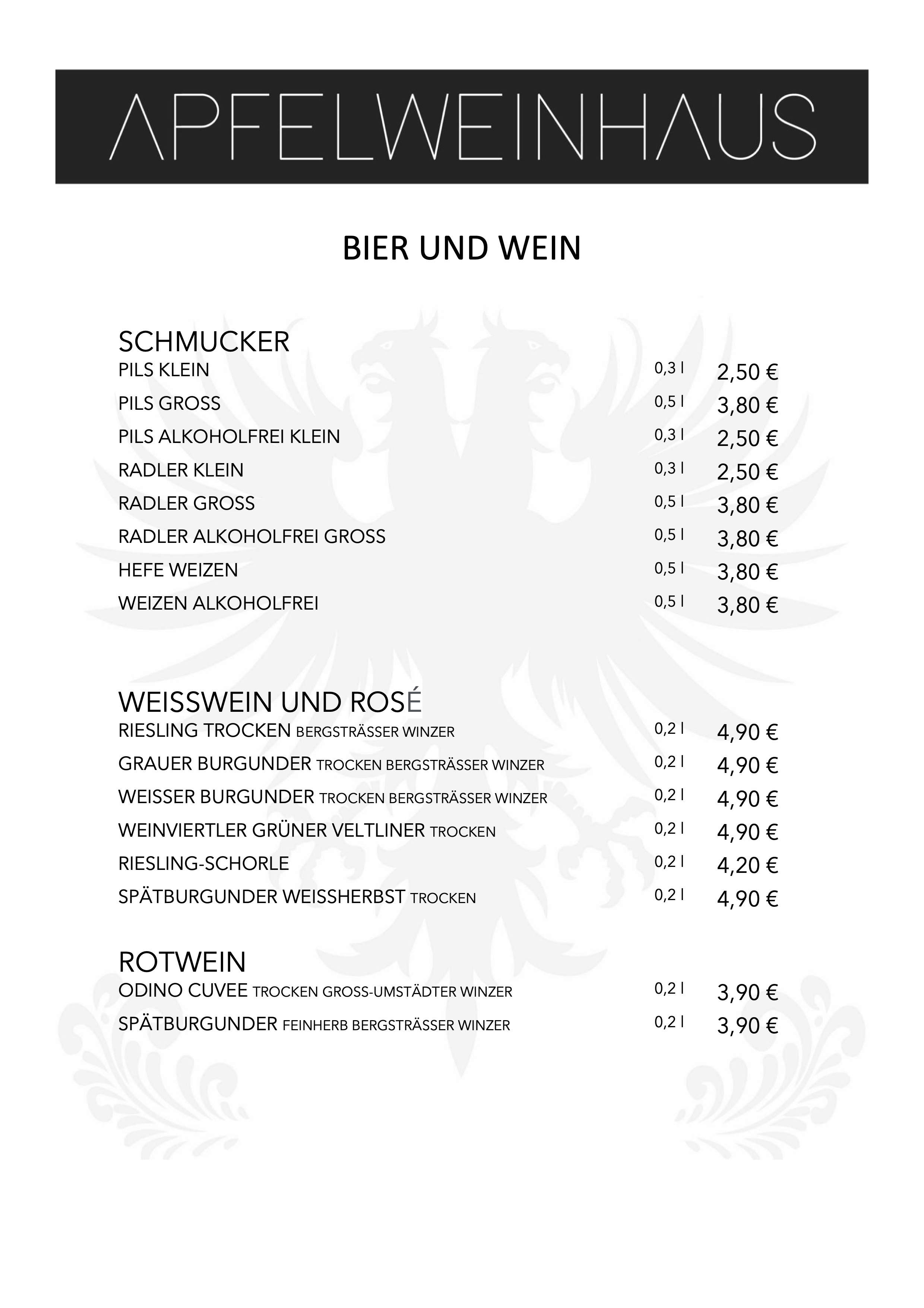 Getränkekarte Bier und Wein